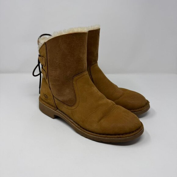 UGG Naiyah 1019164 Brown Lace‎ Back Genuine Shearling Snow Boots Women's Size 9 - Picture 1 of 12